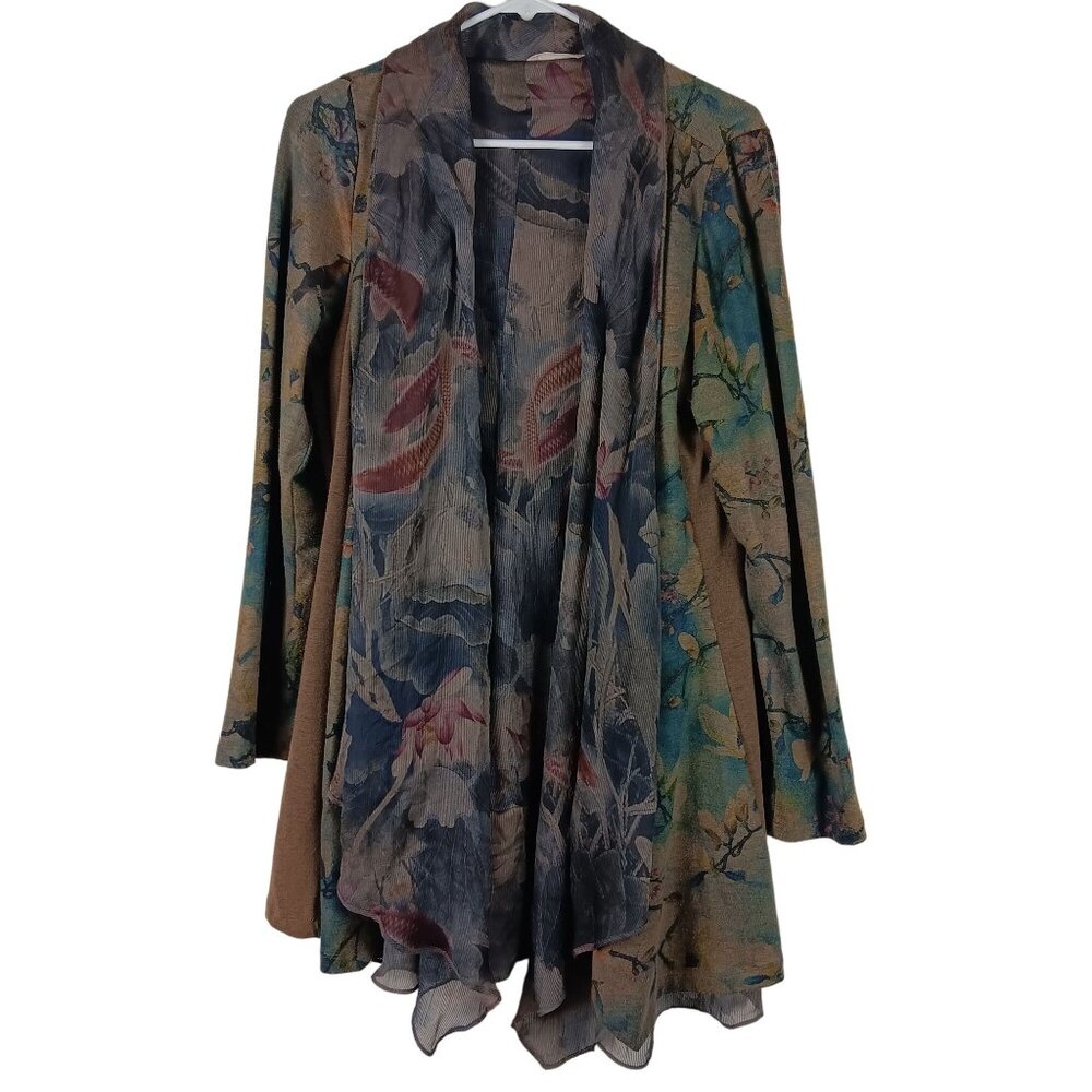 Soft Surroundings Tea Gardens Cardigan Topper Womens M Bird Print Boho Lagenlook